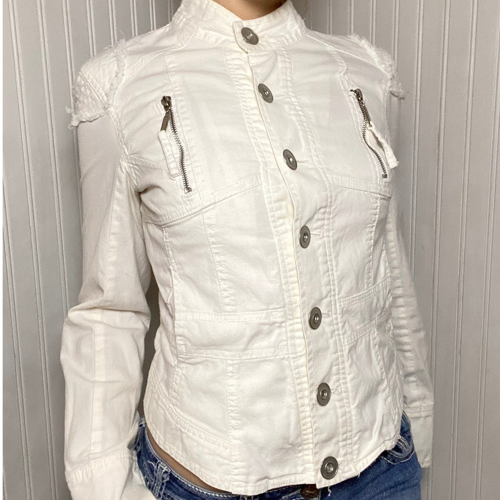 Y2K Indie Sleaze Lace-Up Back White Cotton Denim Military Jacket Edgy Chic - M